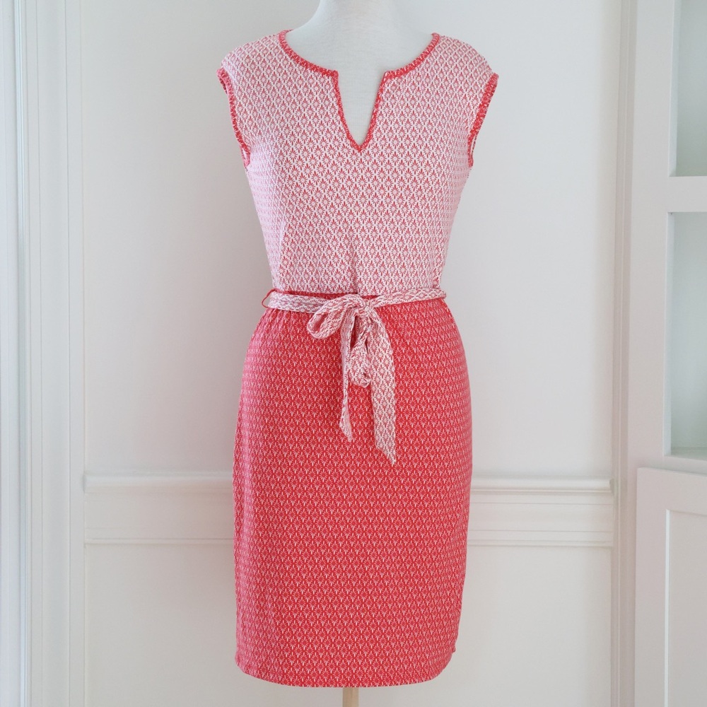 Boden Short Sleeve Split Neck Belted Cotton Dress Red White Size 2 R